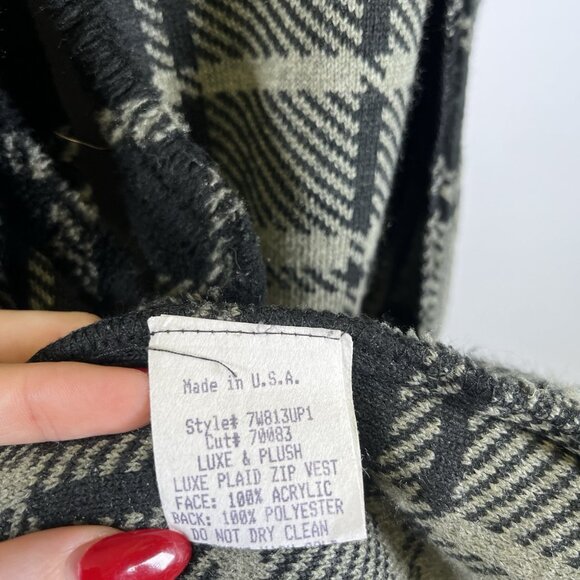 True Grit Sherpa Fleece Grey Plaid Hooded Sweater Vest Large Winter Western - Picture 6 of 6